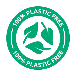 A circular green badge with the text “100% Plastic Free” encircling three overlapping green leaves in the center, inspired by Maui's lush landscapes, symbolizing eco-friendliness and sustainability.