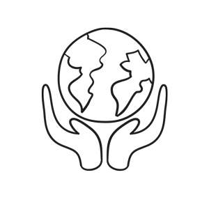 Simple black and white line drawing of two open hands cupping a globe with outlines of continents, capturing the spirit of a Maui tour.