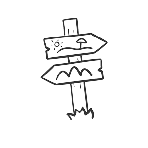 A simple drawing of a wooden signpost with two directional arrows illustrates the essence of a custom tour. The top arrow points right with a sun and cloud symbol, and the bottom left towards adventure with a mountain symbol, embodying the spirit of exploration. Grass encircles the post's base.