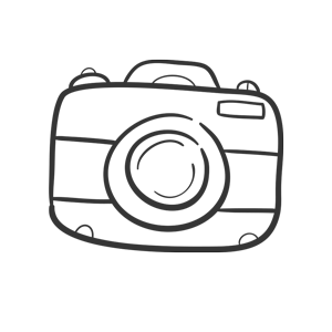 Simple drawing of a camera with a large lens, a flash on top, and a strap on the sides—perfect for capturing every thrilling moment of your Maui adventure. The design is outlined in black with minimal details.