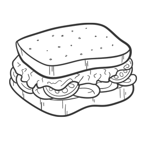 A black and white illustration of a sandwich with two slices of bread, lettuce, tomato slices, and an unidentified filling suggests a culinary adventure. The top slice appears to have small dots representing seeds.