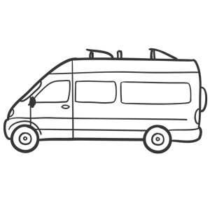 Line drawing of a camper van with a high roof and side windows, perfect for an adventure. The van's two visible wheels and simple, clean lines suggest it's ready for a custom tour experience.