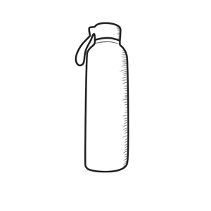 A black and white illustration of a tall, slim water bottle with a cap and a carrying loop on the side, perfect for your custom tour in Maui.