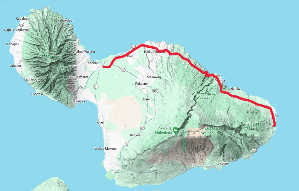 Map showcasing the island of Maui with a red line tracing the Hana Highway route. This exhilarating adventure along the northern coast through places like Kahului ends near Hana, revealing captivating topography and lush forests. Perfect for planning your custom tour.