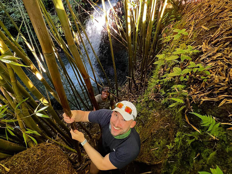 Two people smiling and climbing through lush bamboo in a Maui forest. Sunlight filters through the foliage, illuminating a small waterfall in the background. One person looks up at the camera, holding onto the bamboo during their private tour.