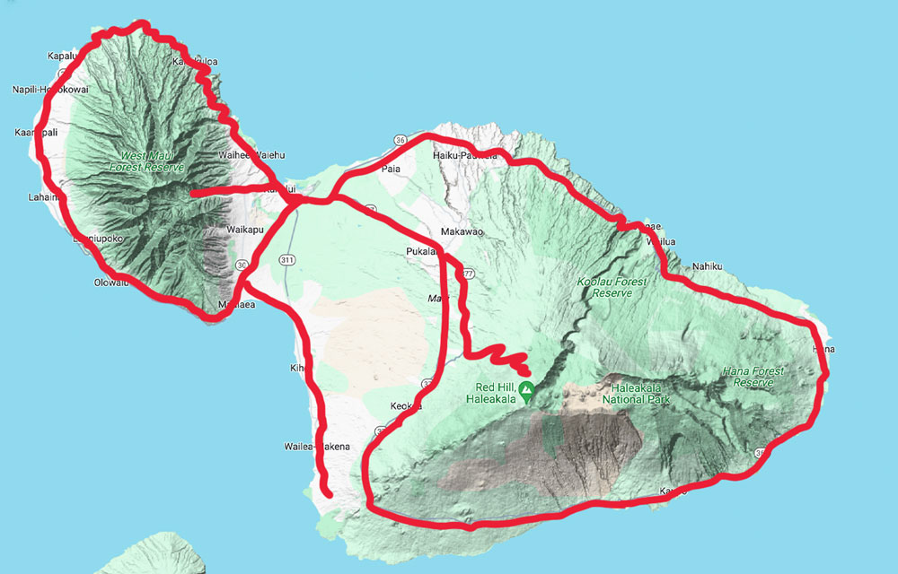 A topographic map of Maui, Hawaii, perfect for planning your custom tour, shows the island outlined in red. Mountainous regions and green forested areas are clearly visible, with coastal lines surrounding the adventure-filled island.