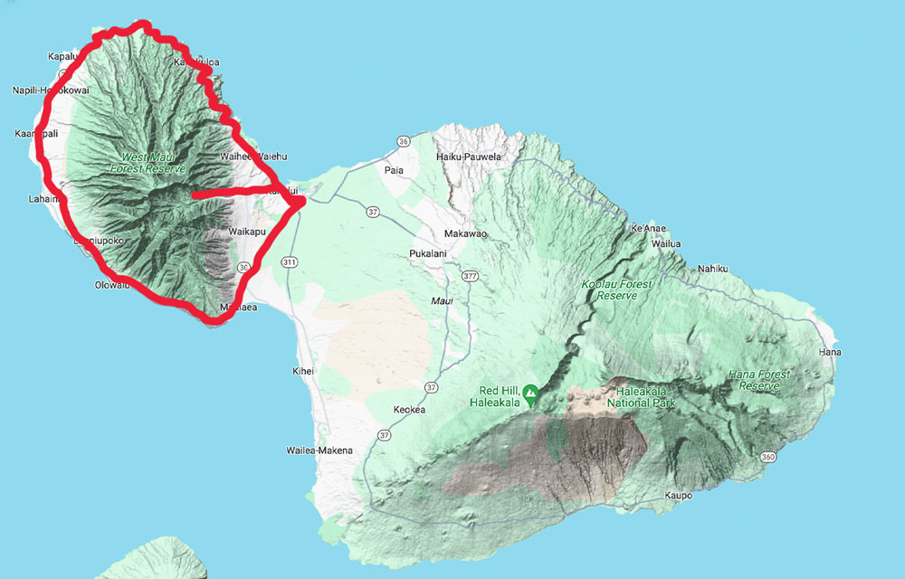 A map of Maui, Hawaii, perfect for planning your custom tour, shows the island in green against a blue background. The northwest area is highlighted with a red outline to indicate its mountainous regions. Various locations and roads are marked to guide your adventure.